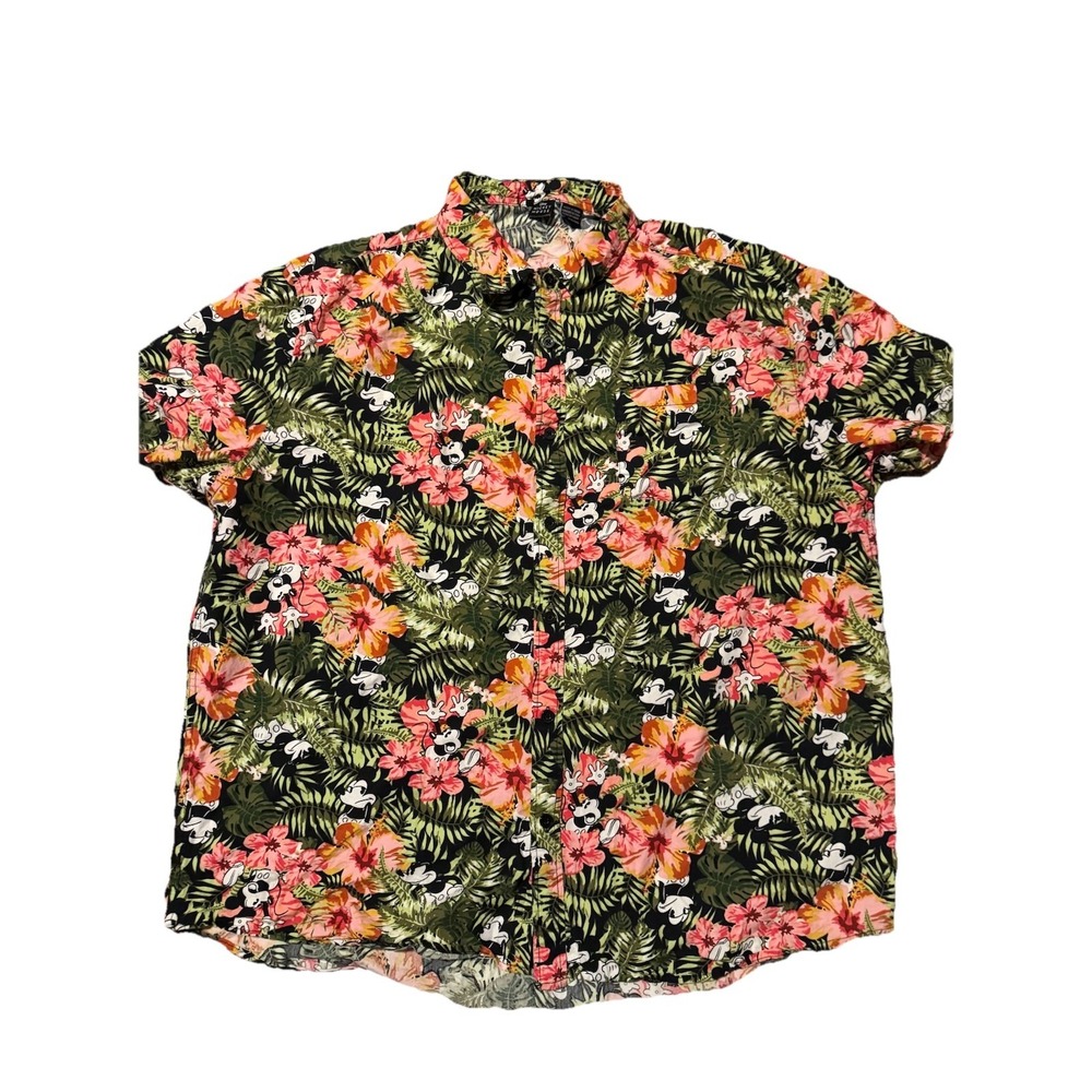 Disney Mickey Mouse Hawaiian Button Short Sleeved Shirt Mens 2XLarge Pink Floral